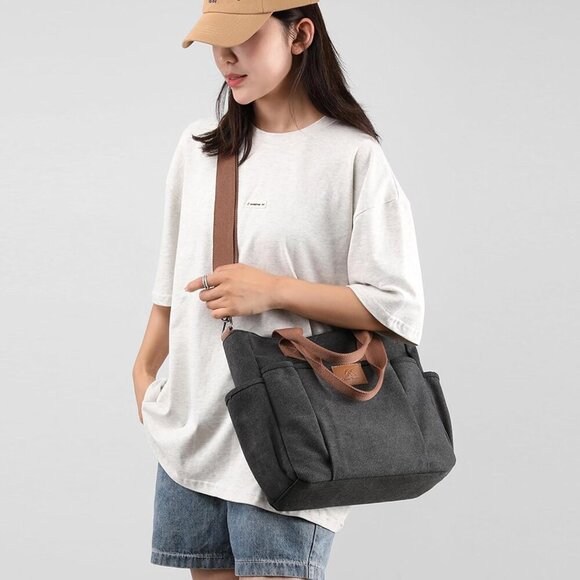 Women's Canvas Tote Bag Large Capacity Travel Work Handbag Purse - Picture 2 of 7